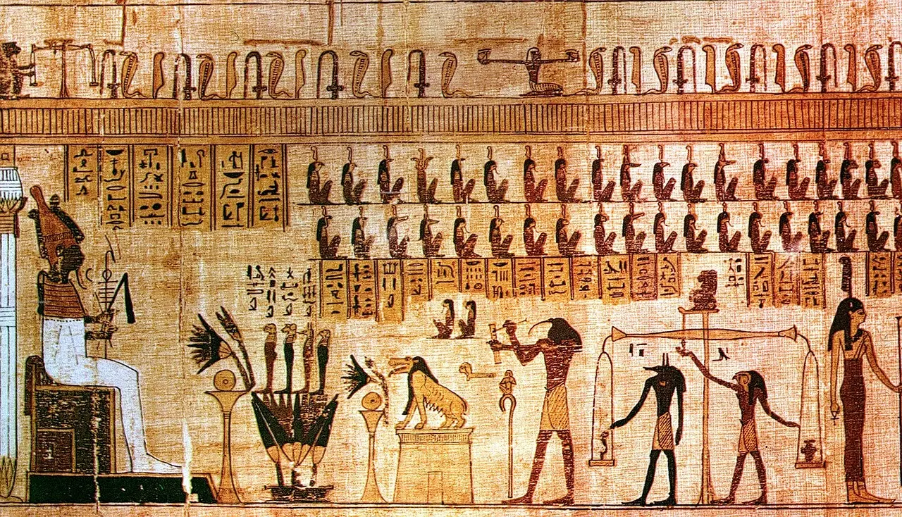 olorful painted hieroglyphs inside an ancient Egyptian tomb