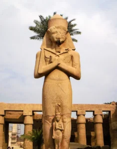 Massive stone columns at Karnak Temple in Luxor, Egypt