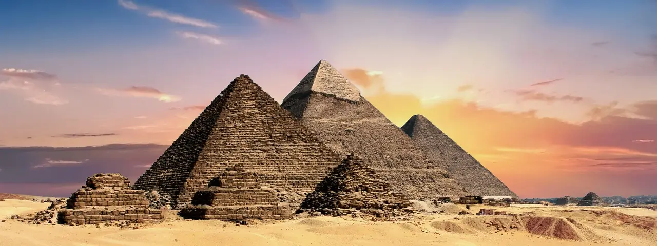 Great Pyramids of Giza under a clear blue sky in Egypt