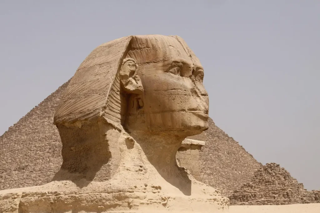 The Great Sphinx of Giza with the Pyramids in the background